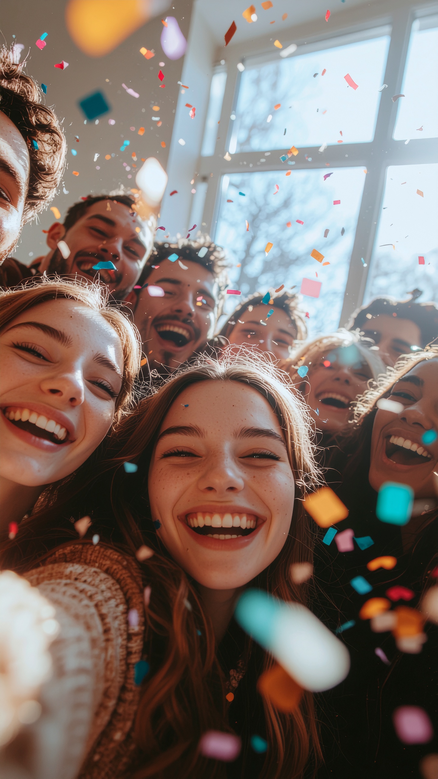 Grupo de jovens sorrindo em um ambiente iluminado por luz natural, com confetes coloridos flutuando no ar. A cena transmite alegria e celebração, capturada em um ângulo próximo que destaca as expressões animadas. O fundo mostra uma janela grande, permitindo a entrada de luz suave que realça as cores vibrantes dos confetes, criando uma atmosfera festiva e descontraída.